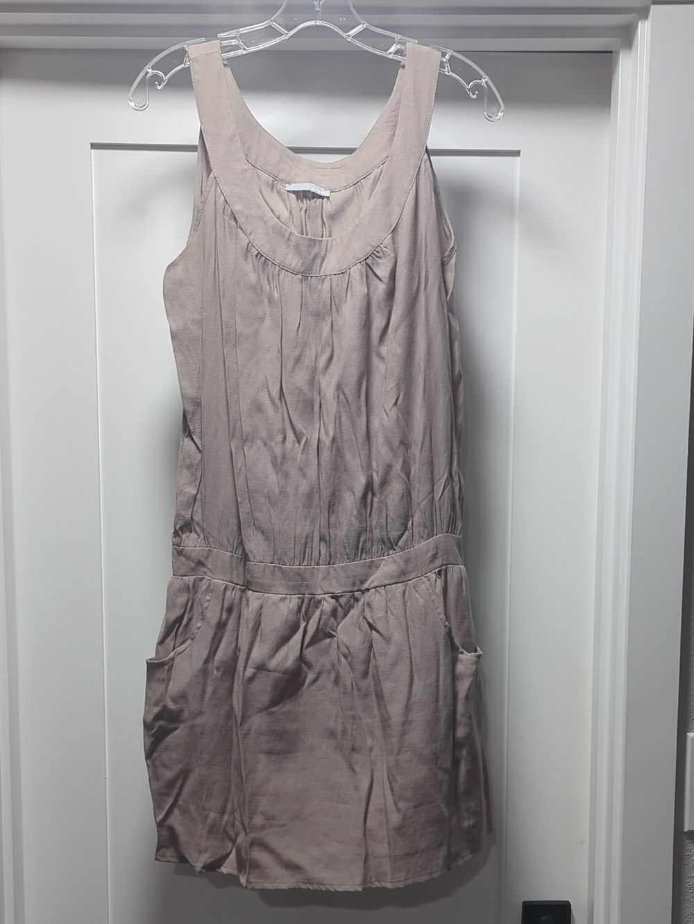 Sleeveless Taupe Mini Dress with Gathered Waist